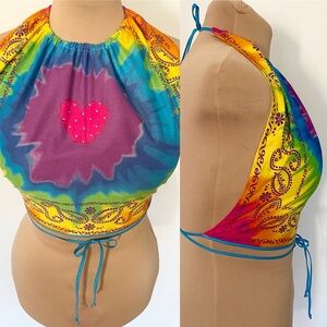 Vintage 70s-Inspired TIE DYE Halter Top *Small* Embellished Rainbow Crop Top